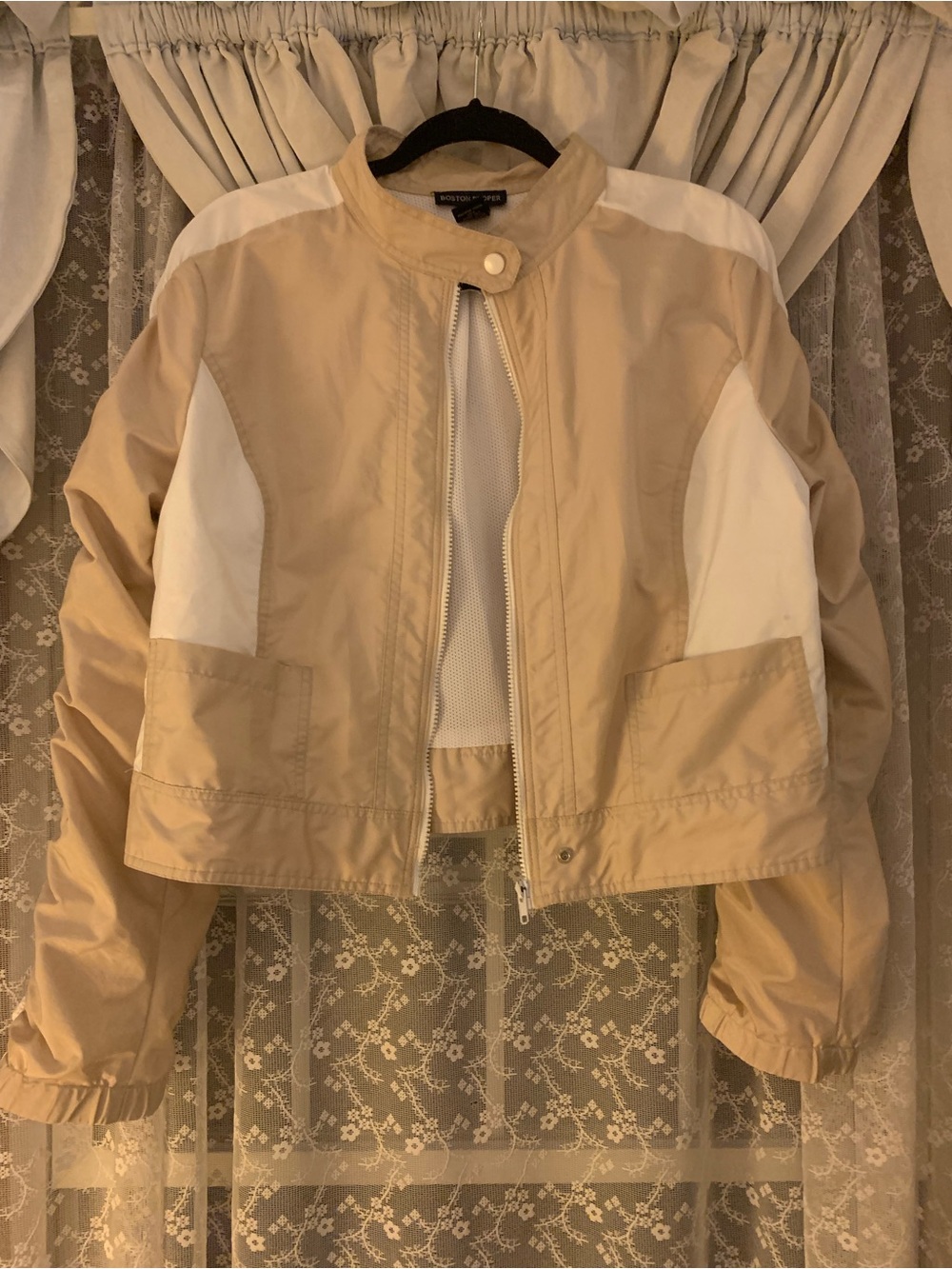 Boston Proper Beige and White Cropped Bomber Jacket